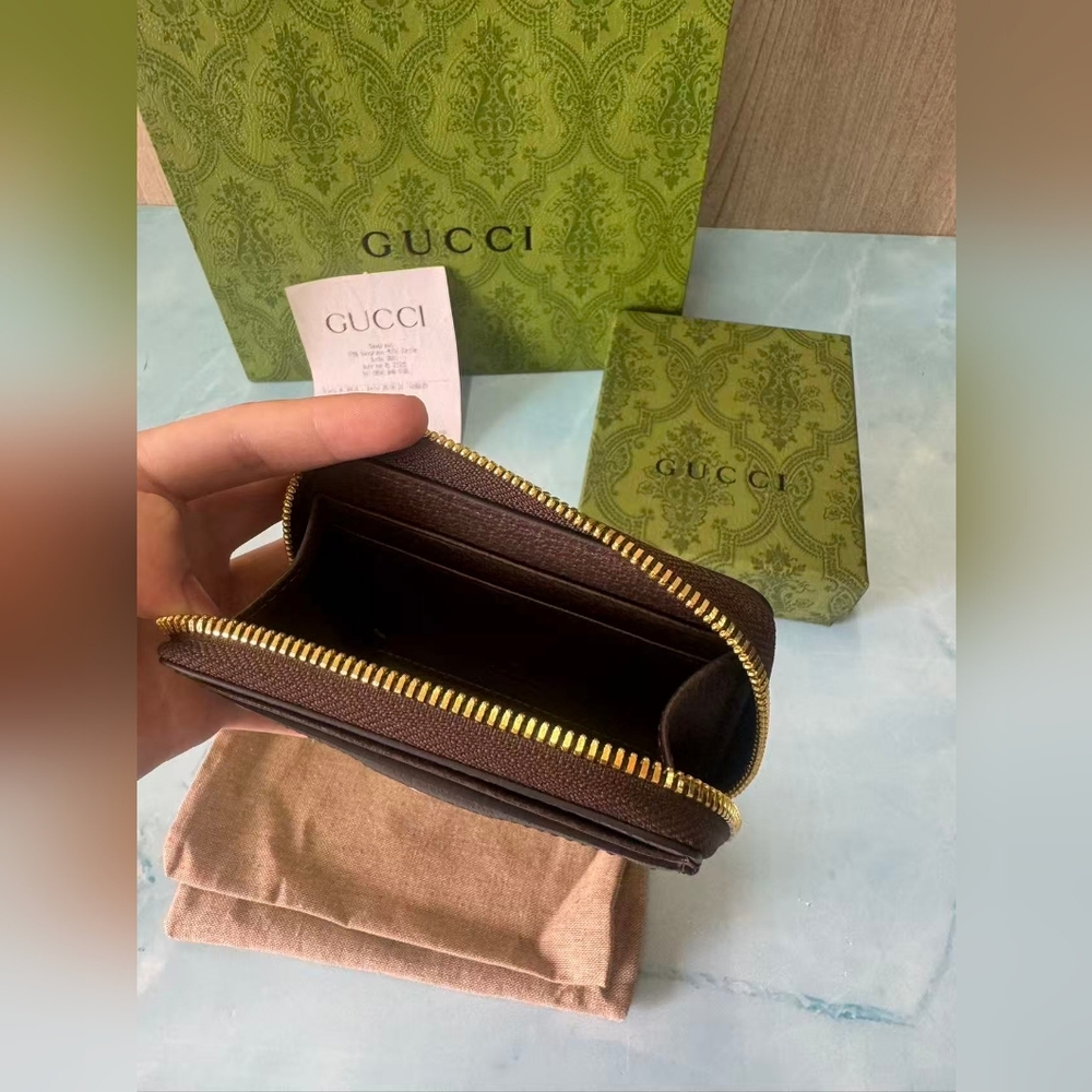 Gucci GG Canvas and Brown Leather Zip Card Holder - Beige/Brown/Green-Red - Picture 9 of 11